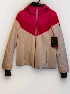 Women's Pink and White Hooded Ski Jacket Christy By Fera NEW! Size 12.